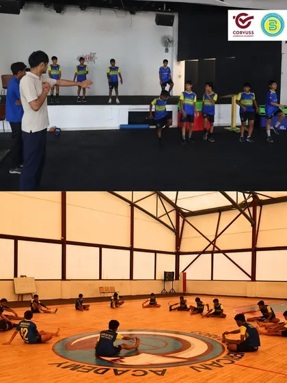 This collage displays our players during a strength and conditioning session on stage and a group stretching session in the indoor gymnasium, emphasizing our comprehensive approach to physical fitness.