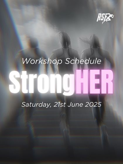 The schedule for our StrongHER workshop, featuring expert speakers on menstrual health, strength training through the decades, and mental wellness.
