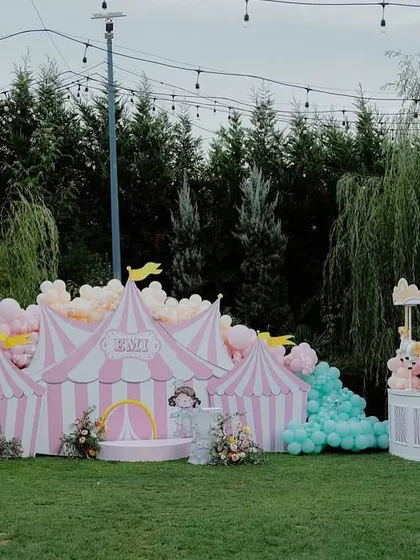 Step right up to a whimsical carousel-themed birthday. This large-scale outdoor setup features a custom circus tent backdrop, a beautiful carousel cake station, and a giant Ferris wheel, proving no dream is too big for us to build.