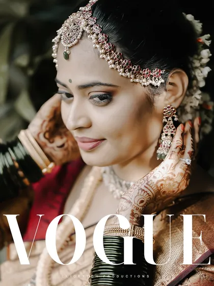 A close-up bridal portrait styled like a magazine cover, highlighting the intricate details of the bride's traditional South Indian attire, jewelry, and confident expression.