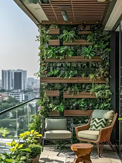 We transform urban balconies into lush, green retreats. This design features a vertical garden wall that maximizes greenery in a compact space, providing a perfect, tranquil spot to relax and unwind.