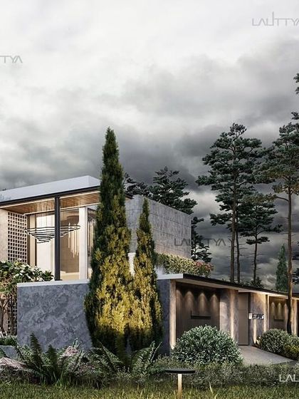 Another view of the 15,000 sq. ft. residence concept, this time focusing on the entrance. The design uses a combination of concrete, glass, and curated lighting to create an elegant and welcoming approach that hints at the luxury within.