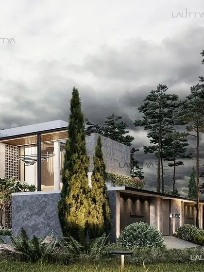 Another view of the 15,000 sq. ft. residence concept, this time focusing on the entrance. The design uses a combination of concrete, glass, and curated lighting to create an elegant and welcoming approach that hints at the luxury within.