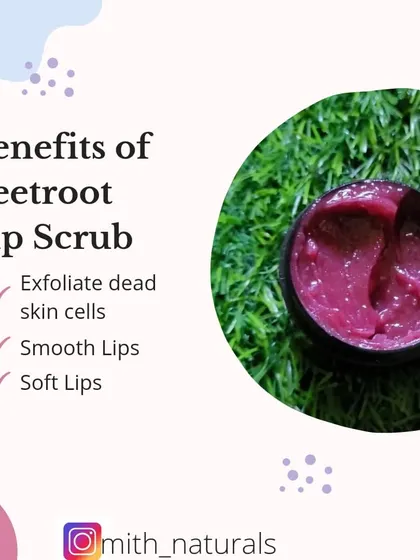 This graphic explains the benefits of my beetroot lip scrub. It's designed to exfoliate dead skin cells, leaving you with smoother, softer lips.