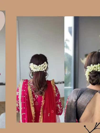 This collage showcases three different angles of gajra hairstyles, demonstrating the versatility of using fresh jasmine for buns and half-updos.
