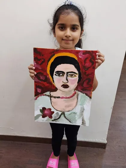 Another beautiful Amrita Sher-Gil-inspired portrait. It's wonderful to see students explore color and emotion to capture a unique likeness in their paintings.