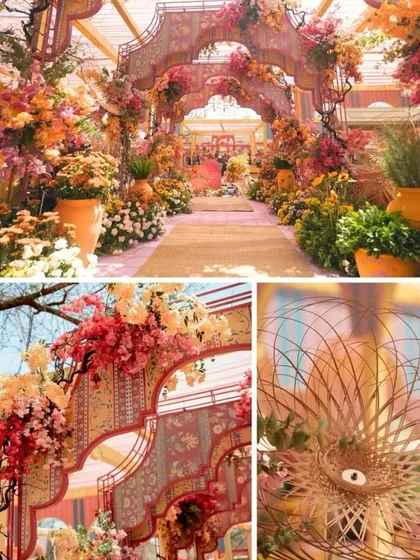 A collage of an opulent haldi entrance. The layered arches with intricate patterns and lush floral decorations create a grand and inviting walkway.