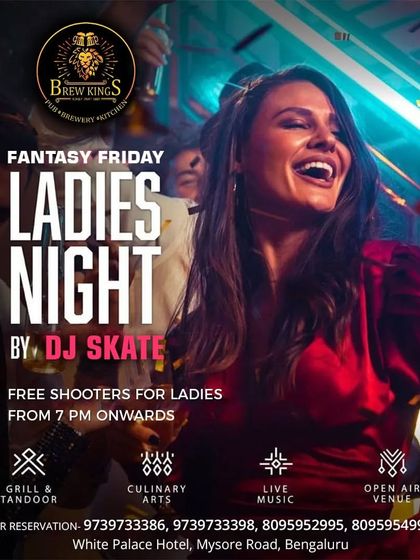 A vibrant flyer for a "Fantasy Friday Ladies Night" at Brew Kings.