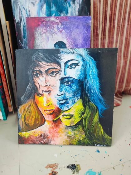 An older painting exploring multiple facets of female identity within a single face. This acrylic on canvas is part of my studio sale.