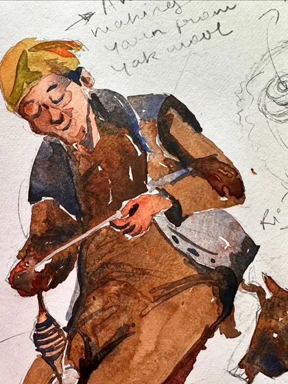 A watercolour sketch of a Ladakhi grandmother, or 'Amma Le', skillfully making yarn from yak wool. A beautiful moment from my travels.