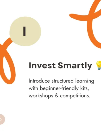 The 'I' in our P.I.E. plan stands for Invest Smartly. We guide parents to introduce structured learning through beginner-friendly kits, workshops, and competitions.