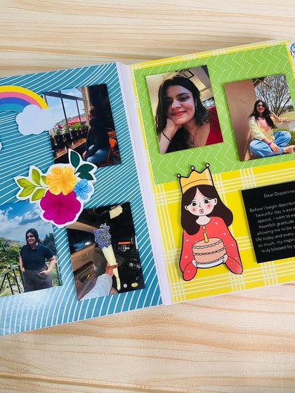 This two-page spread in a birthday scrapbook uses bright colors and fun elements like a rainbow and a princess to tell a story through photos.