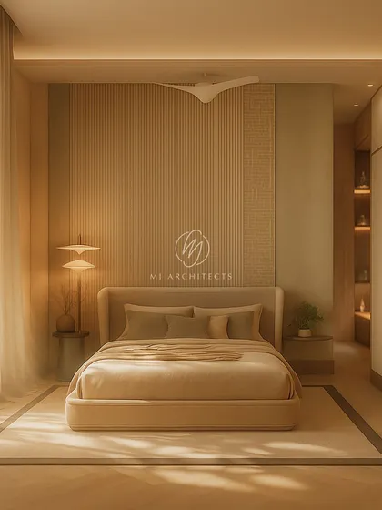 Another rendering from the "ALTIMO" project, showcasing a bedroom with a focus on natural light and soft, layered materials. The design aims for a luxurious feel without relying on glossy finishes.