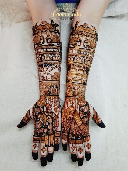 A customized bridal mehendi featuring a "Just Married" car, a doctor's symbol, and other personal elements that tell the story of the couple.