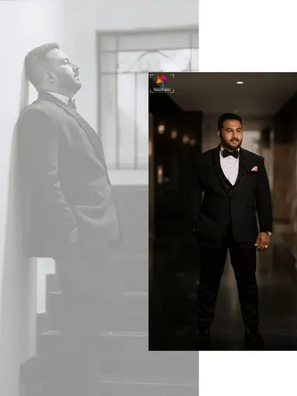 A collage of the groom looking dapper in his reception tuxedo. The mix of serious and relaxed poses shows his personality and style.