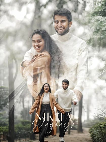 A beautiful double-exposure pre-wedding portrait, blending a joyful, candid moment with a more formal walking shot, capturing the multifaceted nature of their relationship.