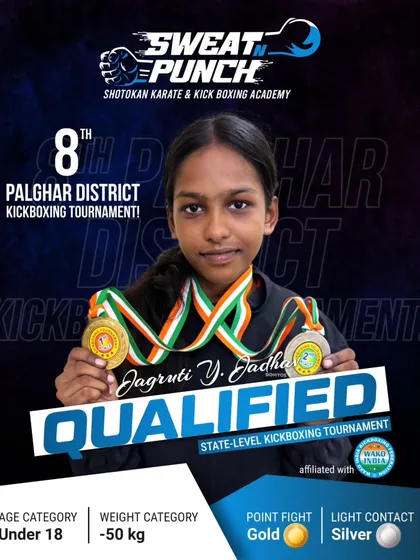 Jagruti Y. Jadhav from the Under 18 category with her hard earned gold and silver medals. Her versatility in different kickboxing formats is a key part of our training focus.