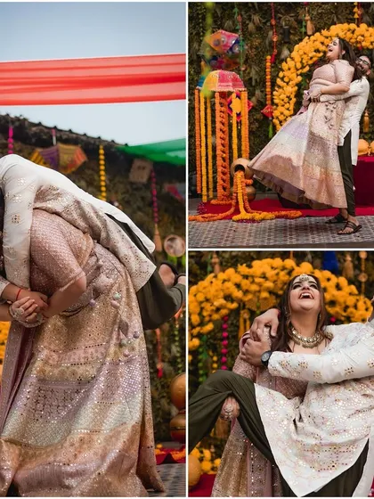 Pure, unfiltered fun at their Mehendi. This collage is filled with laughter and playful moments, from piggyback rides to lifting each other up. It shows a couple that truly knows how to enjoy their celebration.
