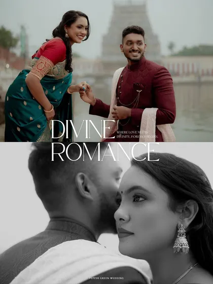 A beautifully composed collage titled 'Divine Romance', capturing the elegance and intimacy of a pre-wedding session at a Thanjavur temple.