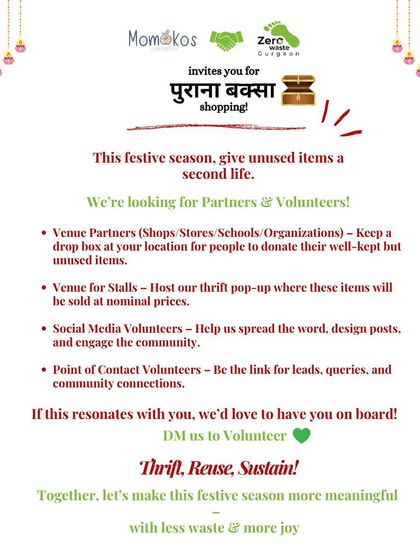 An open invitation for partners and volunteers to join our 'Purana Baksa' festive drive. We're always looking for people to help us host drop boxes, manage stalls, and spread the word about sustainable celebrations.