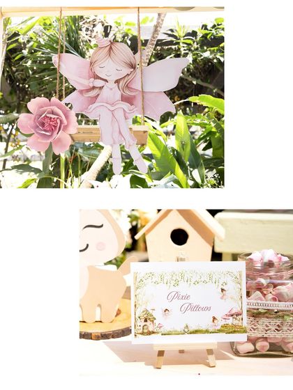 A closer view of the 'Pixie Potions' favor table and a charming fairy prop, perfect for an enchanted woodland celebration.