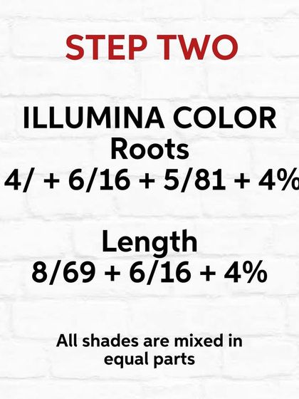 Step Two is the toning formula using Illumina Color. I used different formulas on the roots and lengths for a seamless, modern look.