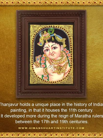 A series of informational images explaining the history and techniques of Tanjore painting, a classical South Indian art form known for its gold foil work and embedded gems.