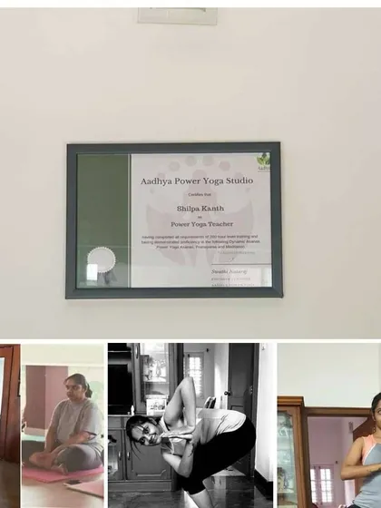 A picture says it all. This collage shows the journey of a student, from her first days to earning her Power Yoga Teacher certificate, showcasing the physical and personal growth that comes with dedication.