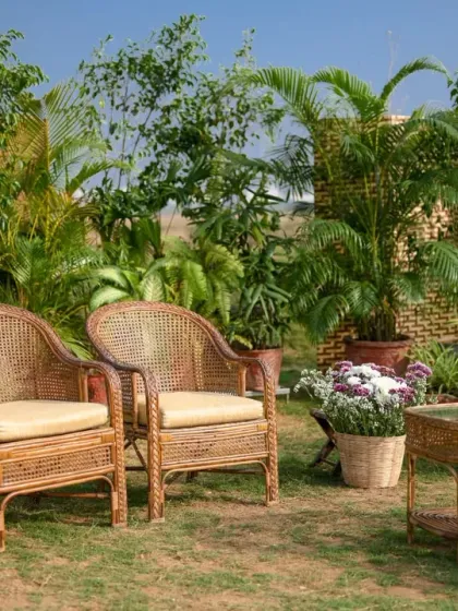 The beautiful outdoor setup for an engagement party. The wicker furniture and lush greenery create a relaxed yet elegant atmosphere for the celebration.