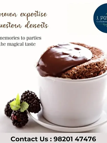 My chocolate lava cake is a perfect warm dessert. It has a rich, molten chocolate center and is served in a classic ramekin, ideal for a sit-down dinner.