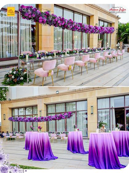 An outdoor setup at a premium venue, featuring a mix of elegant long tables and cocktail tables with beautiful purple ombre linens, ready for a sophisticated celebration.