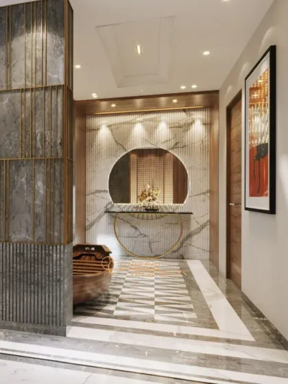 The hallway leading from the atrium features a stunning marble-clad wall with a circular mirror and console table, creating an elegant focal point.