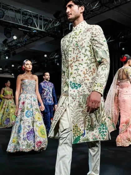 The full runway look of the garden-embroidered sherwani, showing its magnificent presence.