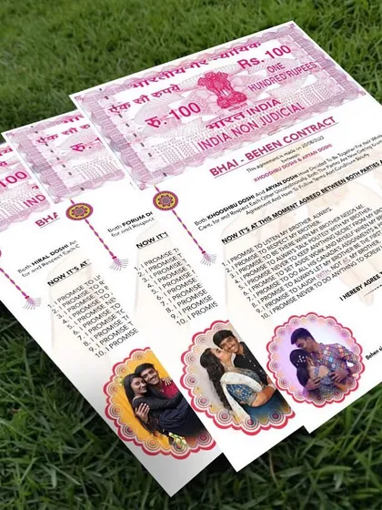 A fun and quirky gift for Raksha Bandhan. I designed these "Bhai-Behen Contracts" on mock stamp paper, complete with funny promises and a personalized photo.