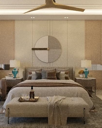 This bedroom design concept balances symmetry and texture. The wall behind the bed features textured panels and a central piece of art, flanked by matching bedside tables and lamps for a harmonious look.