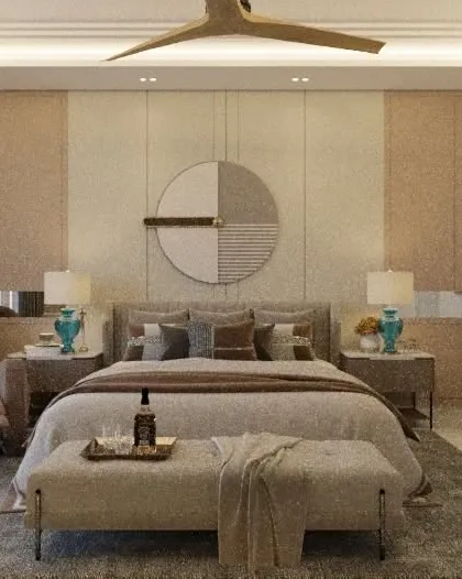 This bedroom design concept balances symmetry and texture. The wall behind the bed features textured panels and a central piece of art, flanked by matching bedside tables and lamps for a harmonious look.
