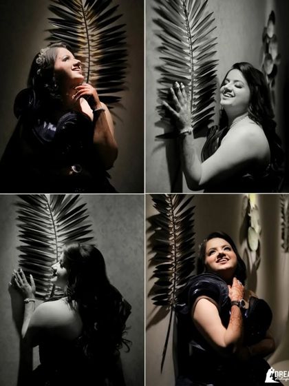 A four-part collage of the bride posing with a decorative palm leaf, creating a series of artistic and beautifully lit black and white portraits.