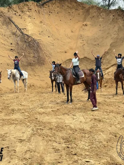A group of friends celebrates reaching a sandy clearing on their jungle safari. Moments of shared joy and accomplishment like this are what make our group rides so special.