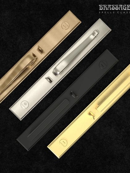 Here I showcase the versatility of my entrance sets. This image displays four distinct options, including the Emperor and Victoria designs in finishes like Antique Brass, Brush Nickel, Jet Black, and Gold Satin Matte, demonstrating the range of styles I can create.