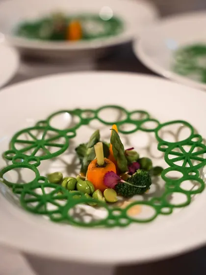 A garden on a plate, featuring an intricate green lattice and fresh vegetables. This dish was inspired by the formal gardens of Versailles, translating their geometric patterns into an edible form.
