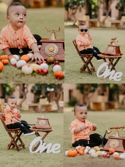 A collage showcasing various poses from a first birthday shoot, featuring a vintage telephone and a cool pair of sunglasses.