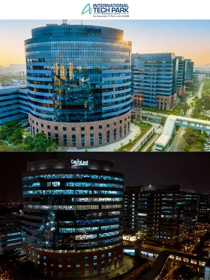 A day and night comparison of the Capitaland ITPL Tech Park. This shot showcases our capability to deliver high-quality aerials in different lighting conditions, providing a complete picture of the property.
