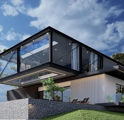 A conceptual design for a modern farmhouse featuring a cantilevered, glass-encased infinity pool on the upper level. This visualization highlights my ability to push structural boundaries to create truly unique luxury homes.