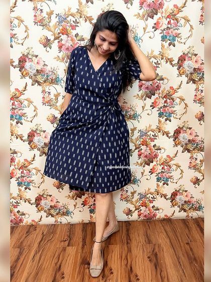 Another look at the navy blue Ikat Angrakha, showing how it drapes beautifully. It’s a perfect blend of elegance and comfort.