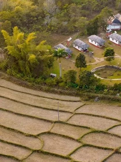 An aerial view of the Lacuna Eco-stay in Coorg, showing how the cottages are beautifully integrated into the landscape of paddy fields and forest.