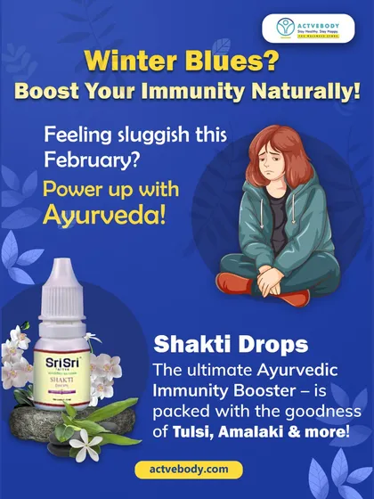 Feeling the winter blues? It's time to boost your immunity naturally. This image introduces Shakti Drops as the ultimate Ayurvedic immunity booster, packed with the goodness of Tulsi and Amalaki to fight sluggishness.