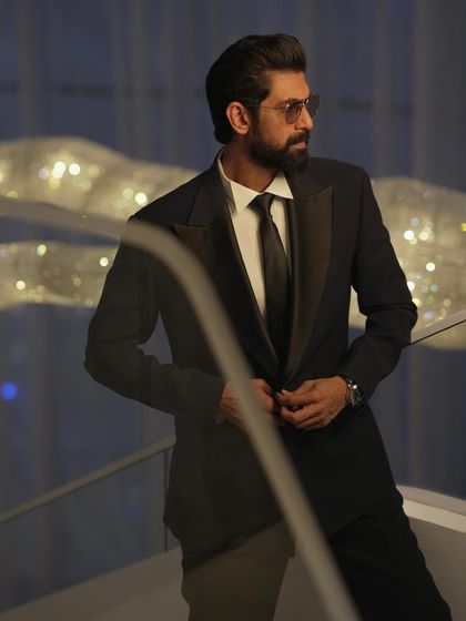 A moment of quiet confidence. This close-up on Rana Daggubati's IIFA outfit highlights the impeccable fit and the classic pairing of a black suit and tie.