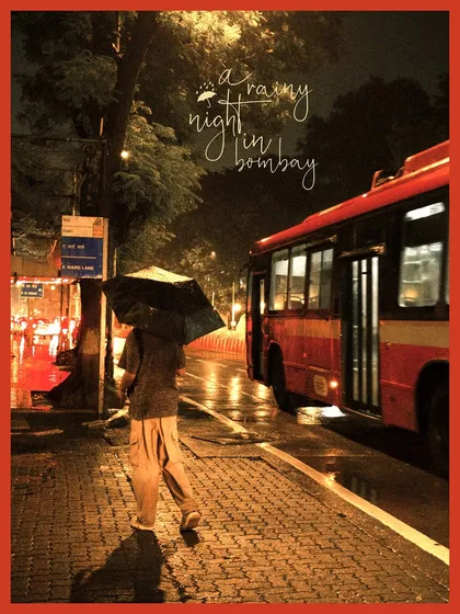 Bombay is at its most poetic during the monsoon. This frame of a lone figure with an umbrella against the glow of a red BEST bus on a rainy night captures the moody, cinematic soul of the city after dark.
