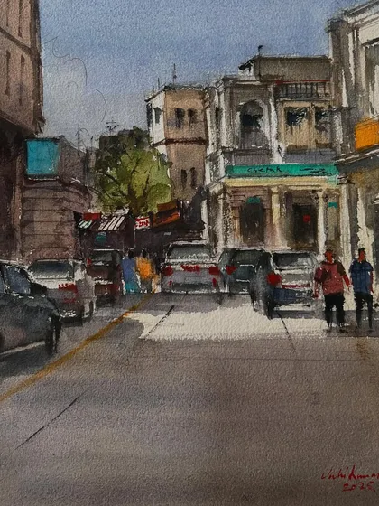 A sun-kissed afternoon in Connaught Place, painted in watercolor on handmade paper. I captured this scene on my phone during a lunch outing and loved recreating the warm May light.