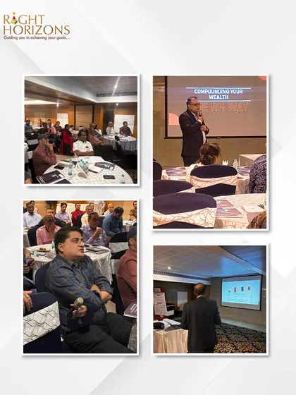 This collage showcases our Founder & CEO, Mr. Anil Rego, presenting on "Compounding Your Wealth" at our Pune Investor Meet. The images capture the focused attention of the audience as they learn about our proven investment strategies.